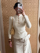 Kalista | Ribbed Knit Top – Casual Mandarin Collar Long Sleeve Frog Button Front