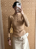 Kalista | Ribbed Knit Top – Casual Mandarin Collar Long Sleeve Frog Button Front