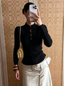 Kalista | Ribbed Knit Top – Casual Mandarin Collar Long Sleeve Frog Button Front