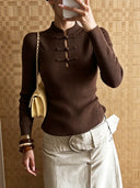 Kalista | Ribbed Knit Top – Casual Mandarin Collar Long Sleeve Frog Button Front