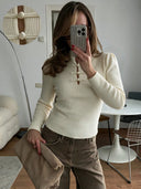 Kalista | Ribbed Knit Top – Casual Mandarin Collar Long Sleeve Frog Button Front