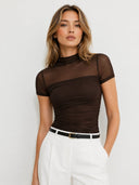 Kallista | Sheer Mock Neck Top – Casual Short Sleeve Ruched Side Panel