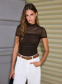 Kallista | Sheer Mock Neck Top – Casual Short Sleeve Ruched Side Panel