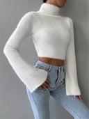 Kamilah | Fuzzy Knit Top – Turtleneck Long Sleeve Cropped Flared Cuffs