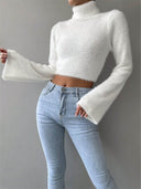 Kamilah | Fuzzy Knit Top – Turtleneck Long Sleeve Cropped Flared Cuffs