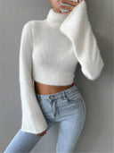 Kamilah | Fuzzy Knit Top – Turtleneck Long Sleeve Cropped Flared Cuffs
