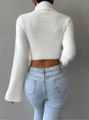 Kamilah | Fuzzy Knit Top – Turtleneck Long Sleeve Cropped Flared Cuffs