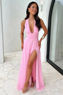 Karina | Halter Plunge Maxi Dress – Wrap Waist High Split Formal Wedding Guest Gown