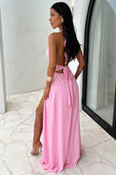 Karina | Halter Plunge Maxi Dress – Wrap Waist High Split Formal Wedding Guest Gown