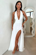 Karina | Halter Plunge Maxi Dress – Wrap Waist High Split Formal Wedding Guest Gown