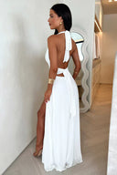 Karina | Halter Plunge Maxi Dress – Wrap Waist High Split Formal Wedding Guest Gown