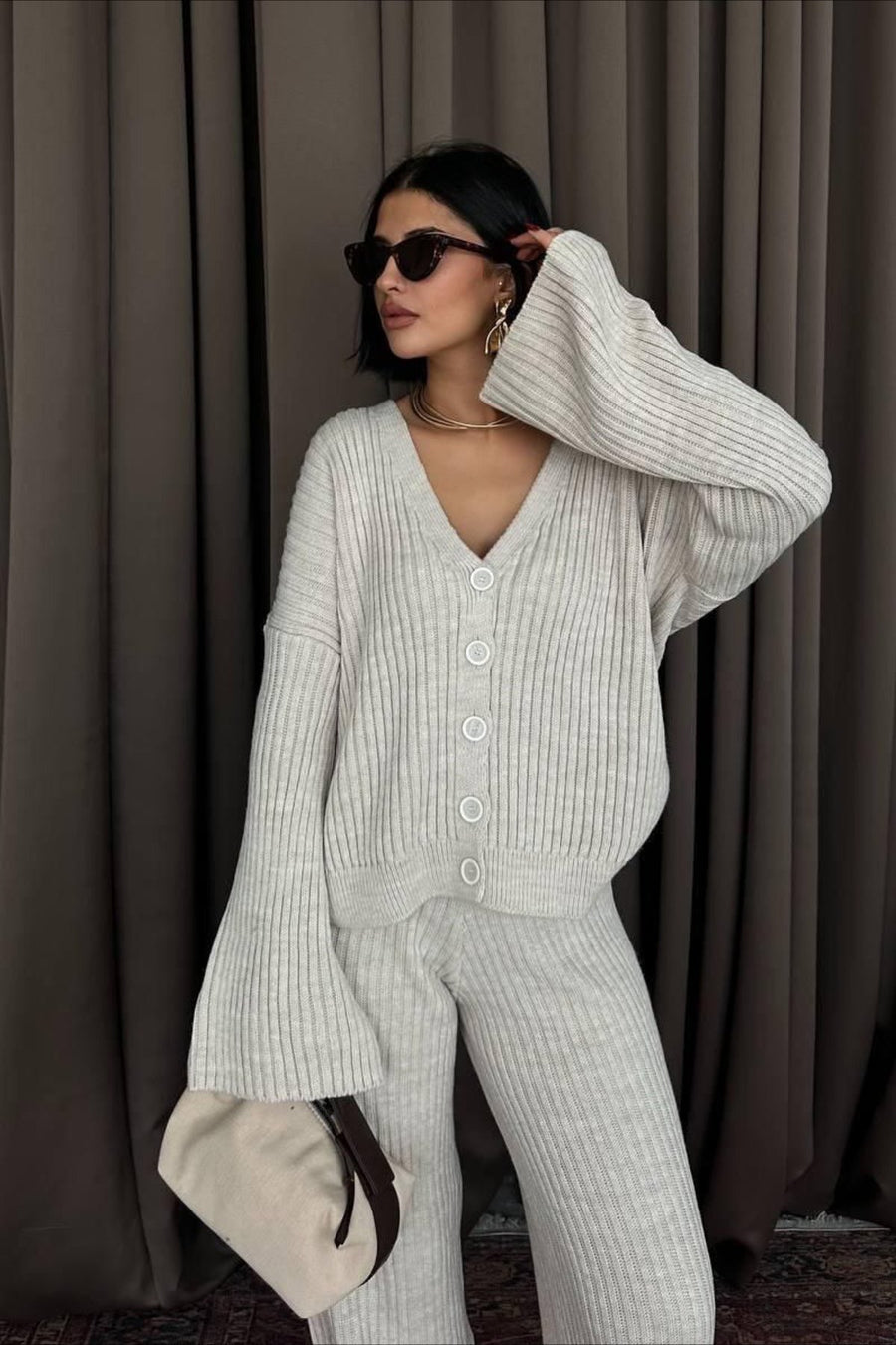 Karsyn | Ribbed Knit Two Piece Set – Lounge Button Front Wide Leg Pants