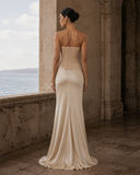 Kassidy | Satin Maxi Dress – Evening Strapless Corset Lace Bust Floor Length
