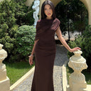 Kataleya | Draped Maxi Dress – Evening Asymmetric Cape Shoulder Ruched Waist