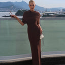 Kataleya | Draped Maxi Dress – Evening Asymmetric Cape Shoulder Ruched Waist