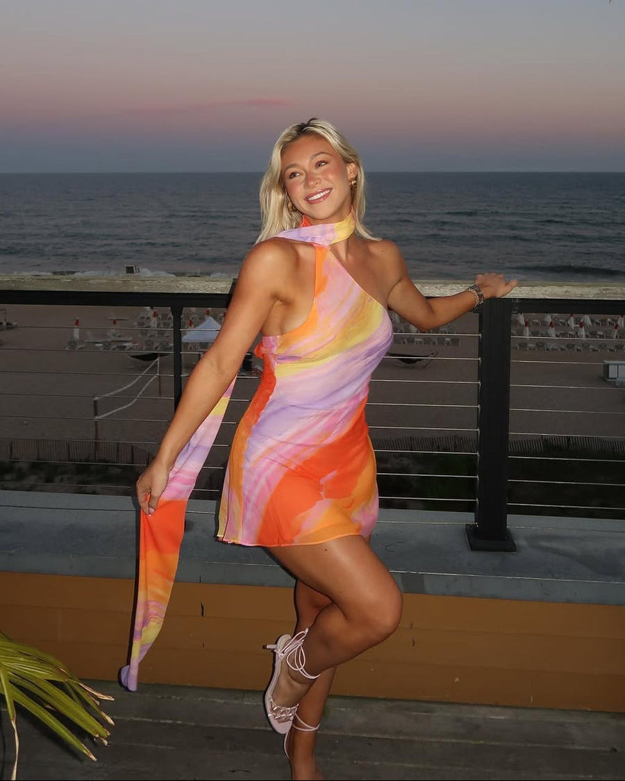 Katalina | Abstract Print Halter Neck Mini – Scarf Neck Summer Holiday Dress