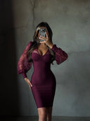 Kate | Lace Sleeve Midi – Sweetheart V Neck Puff Sleeve Body-Con Party Dress