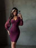 Kate | Lace Sleeve Midi – Sweetheart V Neck Puff Sleeve Body-Con Party Dress