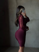 Kate | Lace Sleeve Midi – Sweetheart V Neck Puff Sleeve Body-Con Party Dress