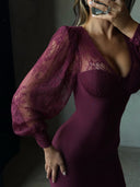 Kate | Lace Sleeve Midi – Sweetheart V Neck Puff Sleeve Body-Con Party Dress