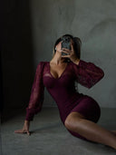 Kate | Lace Sleeve Midi – Sweetheart V Neck Puff Sleeve Body-Con Party Dress