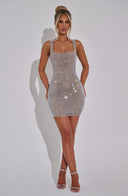 Katya | Diamante Mesh Mini – Square Neck Thick Strap Body-Con Sequin Party Dress