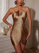 Kaylee | Metallic Fringe Mini – Halter Neck Ruched Asymmetric Body-Con Party Dress