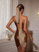 Kaylee | Metallic Fringe Mini – Halter Neck Ruched Asymmetric Body-Con Party Dress