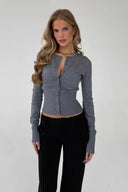Kaylin | Ribbed Button Cardigan – Crew Neck Long Sleeve Waist Length