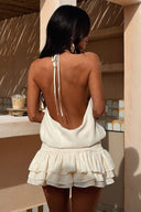 Kehlia | Halter Draped Mini Dress – Open Back Tiered Ruffle Hem Summer Party
