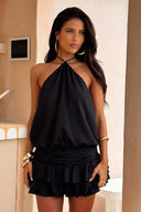 Kehlia | Halter Draped Mini Dress – Open Back Tiered Ruffle Hem Summer Party