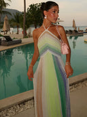 Kendall | Striped Metallic Knit Halter Maxi – Sequin Summer Wedding Guest Dress