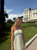 Kendall | Striped Metallic Knit Halter Maxi – Sequin Summer Wedding Guest Dress