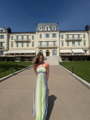 Kendall | Striped Metallic Knit Halter Maxi – Sequin Summer Wedding Guest Dress