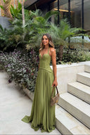 Kenley | Lace Corset Pleated Maxi Dress – Halter Sweetheart Lace Up Wedding Guest Gown