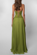 Kenley | Lace Corset Pleated Maxi Dress – Halter Sweetheart Lace Up Wedding Guest Gown