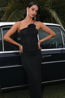 Kennedy | Ruched Maxi – One Shoulder Rose Detail Body-Con Formal Evening Dress