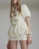 Kensley | V Neck 3D Flower Mini – Puff Sleeve Pleated Bubble Hem Party Dress