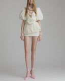 Kensley | V Neck 3D Flower Mini – Puff Sleeve Pleated Bubble Hem Party Dress