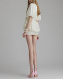 Kensley | V Neck 3D Flower Mini – Puff Sleeve Pleated Bubble Hem Party Dress