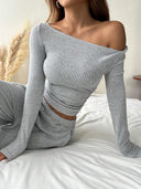 Kenzlee | Ribbed Two Piece Set – Casual Long Sleeve Top Wide Leg Pants