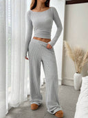 Kenzlee | Ribbed Two Piece Set – Casual Long Sleeve Top Wide Leg Pants