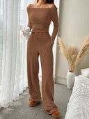 Kenzlee | Ribbed Two Piece Set – Casual Long Sleeve Top Wide Leg Pants