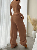 Kenzlee | Ribbed Two Piece Set – Casual Long Sleeve Top Wide Leg Pants