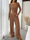 Kenzlee | Ribbed Two Piece Set – Casual Long Sleeve Top Wide Leg Pants