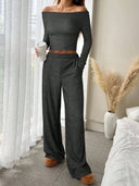 Kenzlee | Ribbed Two Piece Set – Casual Long Sleeve Top Wide Leg Pants