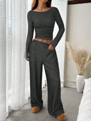 Kenzlee | Ribbed Two Piece Set – Casual Long Sleeve Top Wide Leg Pants