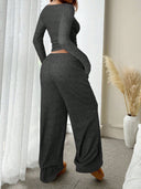 Kenzlee | Ribbed Two Piece Set – Casual Long Sleeve Top Wide Leg Pants