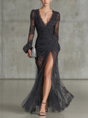 Kerensa | Floral Lace Maxi Dress – Wedding Guest V Neck Long Bell Sleeves