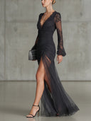 Kerensa | Floral Lace Maxi Dress – Wedding Guest V Neck Long Bell Sleeves